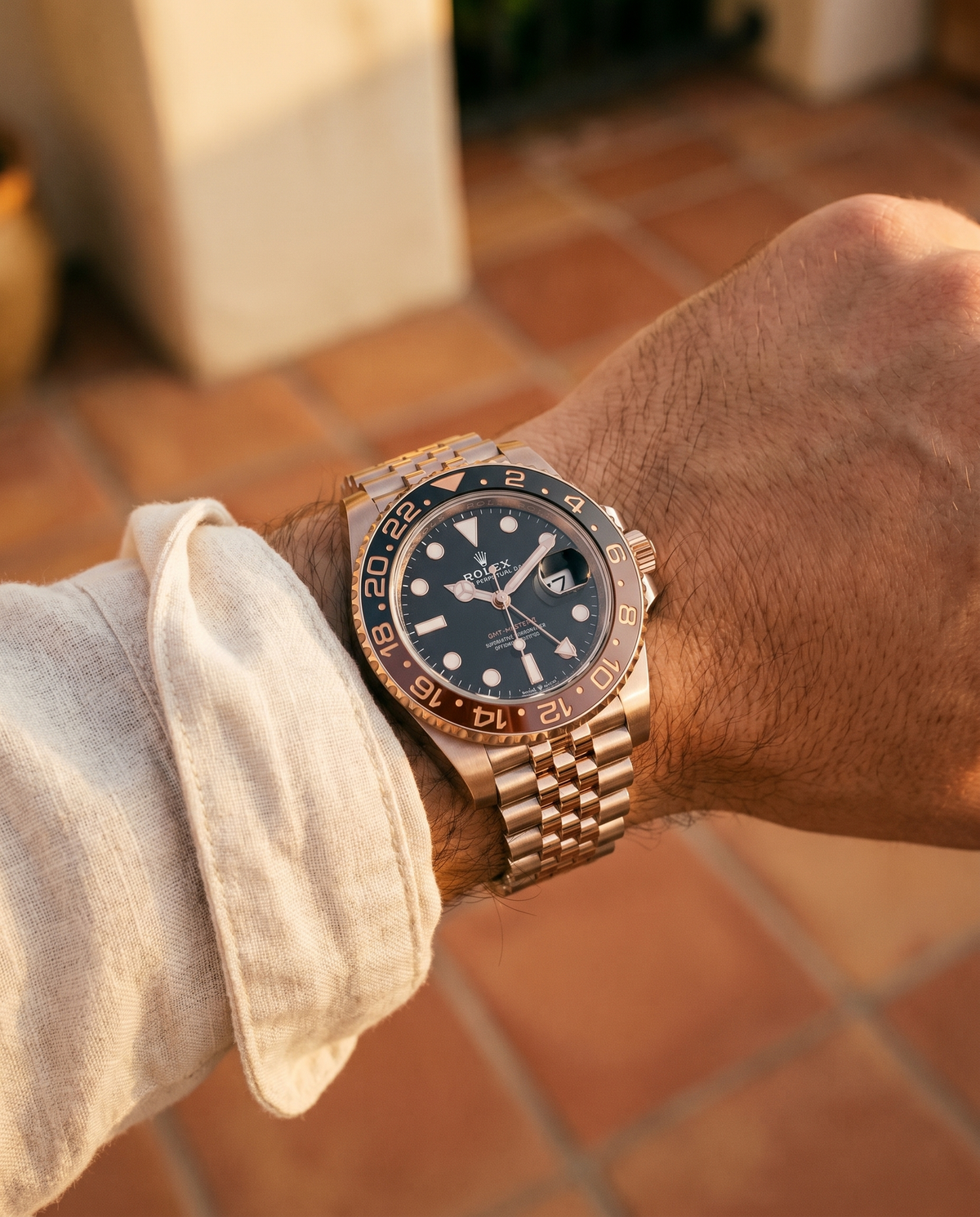 Rolex GMT-Master II 126715CHNR Root Beer worn on the wrist — Soletti Saul frames