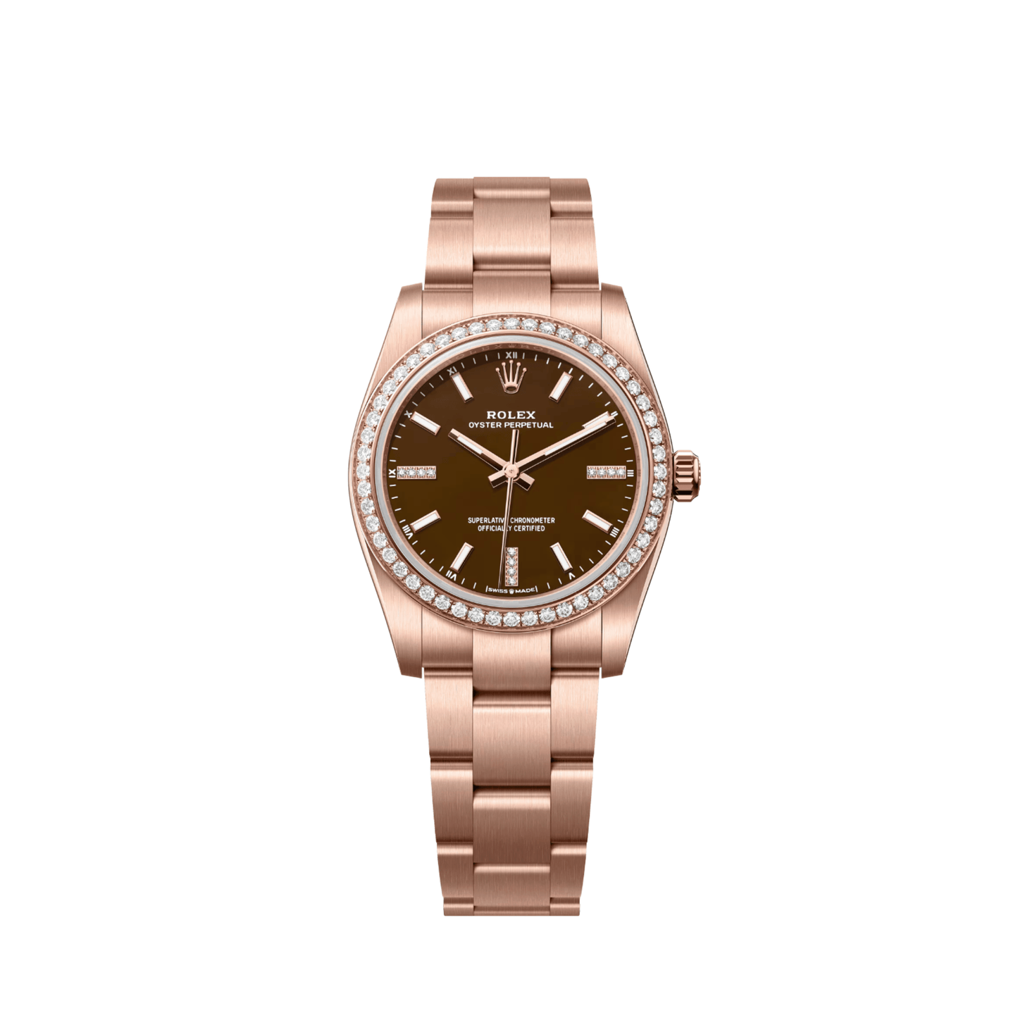Rolex Oyster Perpetual 34 'Ladies' 124245RBR Rose Gold Brown Stone Diamond Dial Diamond Bezel (2026)