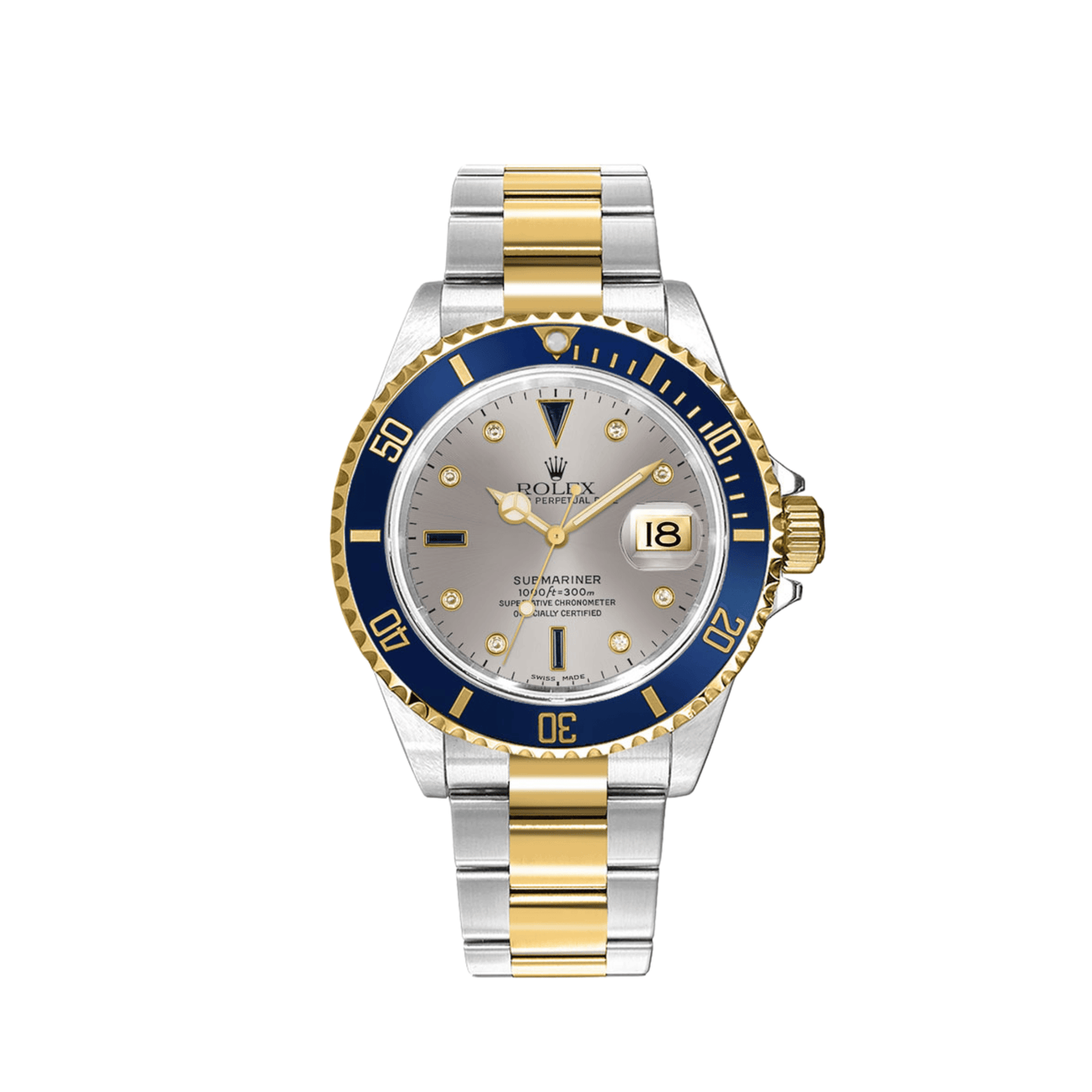 Rolex Submariner 16613 Stainless Steel Yellow Gold Serti Slate Diamond Sapphire Dial